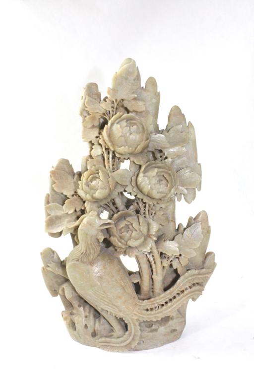 Marble Bird and Flowers sculpture: Beige marble sculpture of Bird and Flowers, 32cm tall.