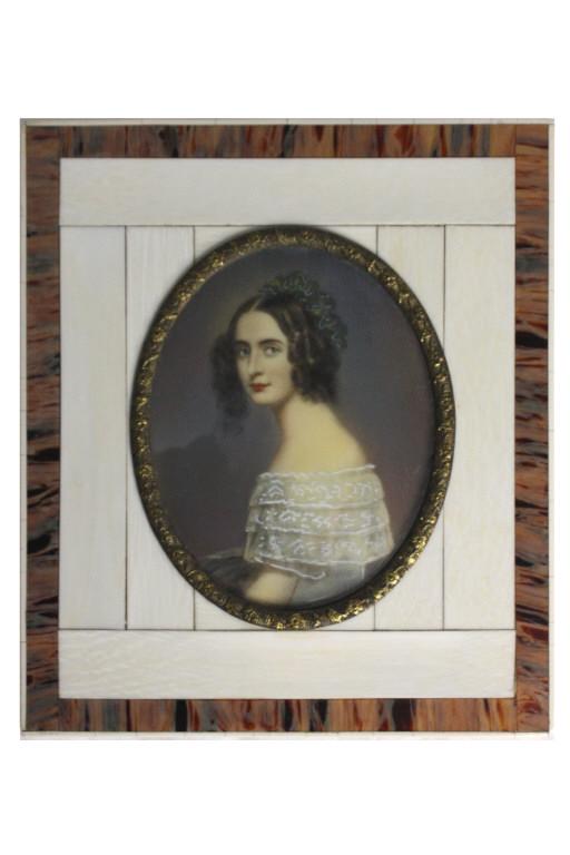 Miniature Painting Inlaid Bone Frame Miniature Painting: Miniature Painting Inlaid Bone Frame of Princess Alexandra, Germany (1781-1858), signed on the front, titled, on the back side with text. Princess Alexandra Amalie of Bavaria (26 August 1826 â€“ 