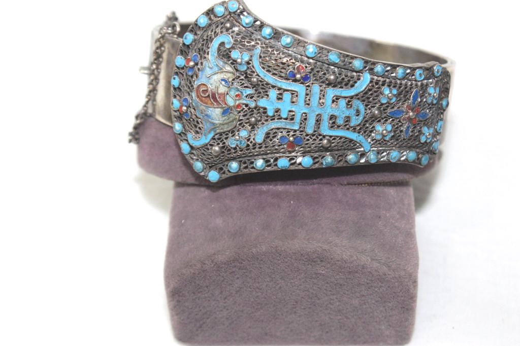 Antique silver painted enamel filigree cuff bracelet (1 of 4)