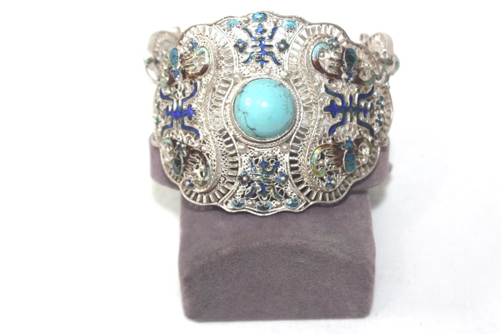 Silver Chinese enamel filigree bracelet with turquoise (1 of 4)
