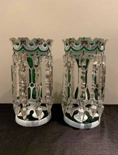 19 TH Antiques pair of Bohemian glass Overlay lusters gold painted: A pair of Antique Bohemian Overlay lusters from the late 19th Century with some chips around the edge height: 27 cm