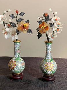 A pair of Chinese CloisonnÃ© vases with Jade flower .: A pair of Chinese CloisonnÃ© vases with jade flower