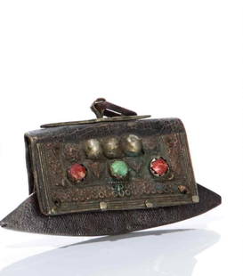 18TH TIBETAN SILVER MOUNTED POUCHES: small rectangular pouch having applied green and red stones, with curved thick metal appendage 18 th