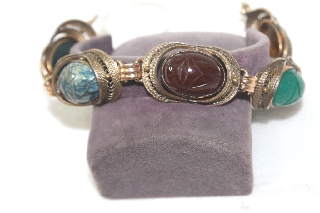 19 th century CHINESE GILT Gold  SILVER BRACELET with natural stones . (1 of 4)
