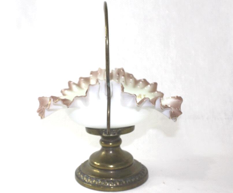 Opaline bride basket A really nice bride basket with royal French green and pink colour opaline: A really nice bride basket with royal French green and pink colour opaline glass bowl on a brass base. 20cm long, 25cm tall including base.