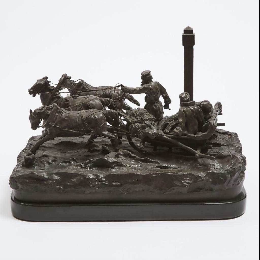 After Vasily Yacovlevich Grachev (Russian, 1831-1) After Vasily Yacovlevich Grachev (Russian,: After Vasily Yacovlevich Grachev (Russian, 1831-1905) THE MILEPOST patinated bronze figural and troika group signed in Cyrillics and with C.F. Woerffel