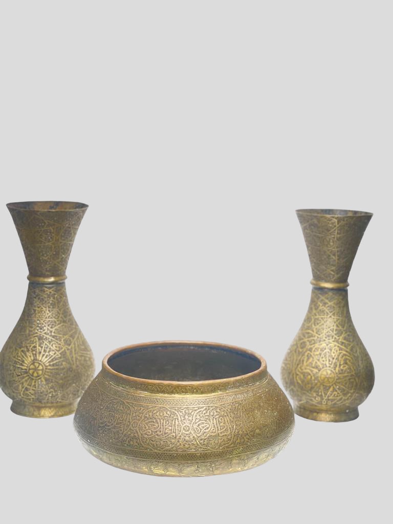 18 th 2 mamluk vase antiques Persian Qajar bronze Arabic mamluk calligraphy silver inlaid (1 of 11)