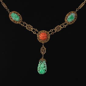 18 th Antique Chinese Gilt Silver, Carved Natural 3 Green jade with coral filigree (1 of 5)