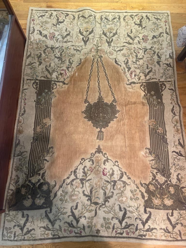 19 th OTTOMAN TURKISH SILVER METAL THREAD EMBROIDERED HANGING PRAYER RUGS  CARPET (1 of 3)