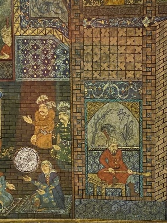 Persian Safavid Miniature Painting c.17th century Persian Safavid Miniature Painting c.17th century: Persian Safavid Miniature Painting c.17th century Painting on paper sultan sitting on chair in side his palace with and some pepolr dancing ,province from Belgium collector . For condition report and 