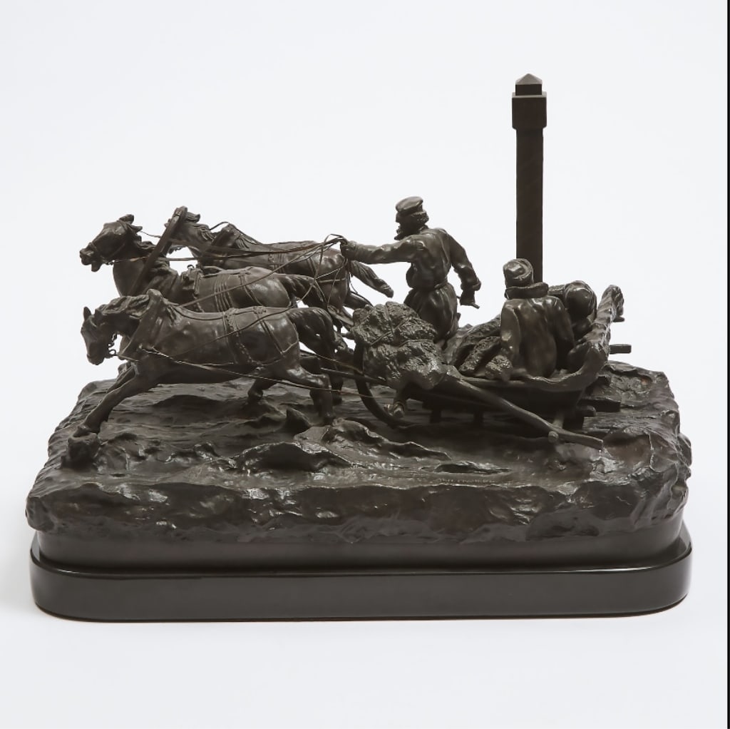 After Vasily Yacovlevich Grachev (Russian, 1831-1) After Vasily Yacovlevich Grachev (Russian,: After Vasily Yacovlevich Grachev (Russian, 1831-1905) THE MILEPOST patinated bronze figural and troika group signed in Cyrillics and with C.F. Woerffel . For condition report please contact E-mail :(a