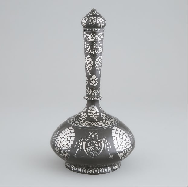 A Silver Inlaid Bidri Covered Bottle Vase, Bidar,y The zinc-copper alloy body inlaid with patterns (1 of 4)