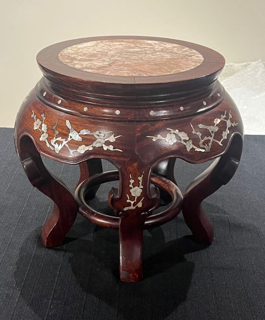 Chinese rose wood stand with marble stone with inlaid seashell in good condition  High: 25 cm  Diame (1 of 4)