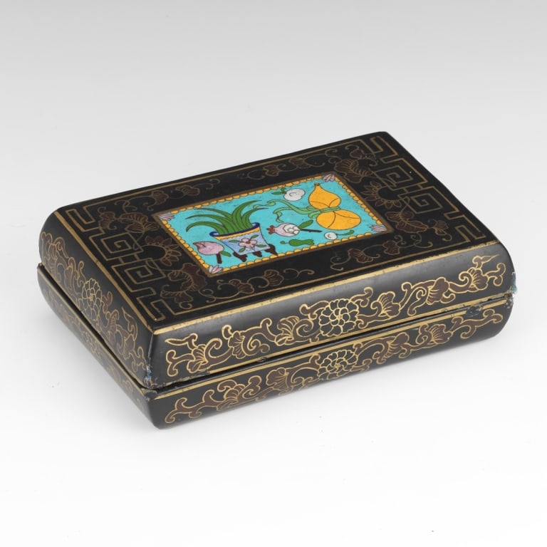 Chinese Lacquer Box with Cloisonne Panel Chinese Lacquer Box with Cloisonne Panel 2 "H x 9 ?"W x 6 (1 of 7)