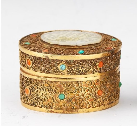 Chinese Gilt filgree , Enamels, Carved jade box Chinese Gilt filgree , Enamels, Carved jade Box (1 of 1)