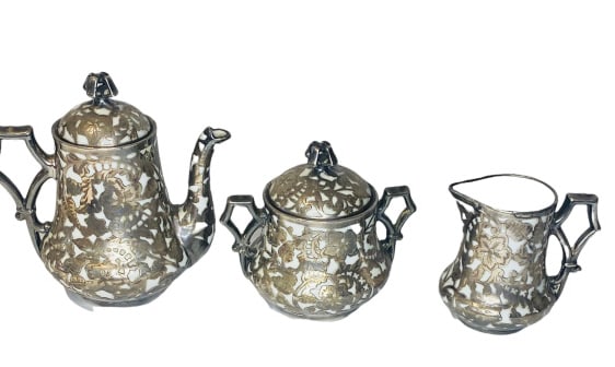 LATE 19 TH STERLING SILVER OVERLAY GLASS TEA SET LATE 19 TH STERLING SILVER OVERLAY GLASS TEA SET (1 of 10)