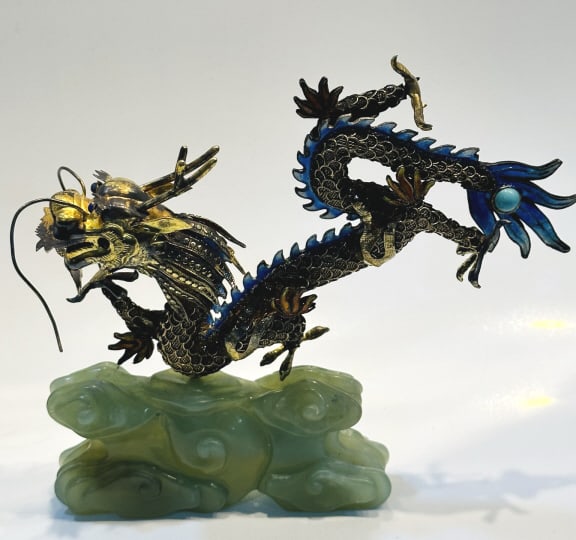 CHINESE ENAMELED GILT SILVER DRAGON SCULPTURE Vintage Chinese gilt Silver Dragon sculpture with hand (1 of 4)