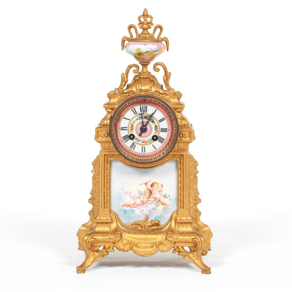 French Mantel Clock, ca. 1900 French Mantel Clock, ca. 1900 4 " thick x 8 " wide x 16"  tall (1 of 9)