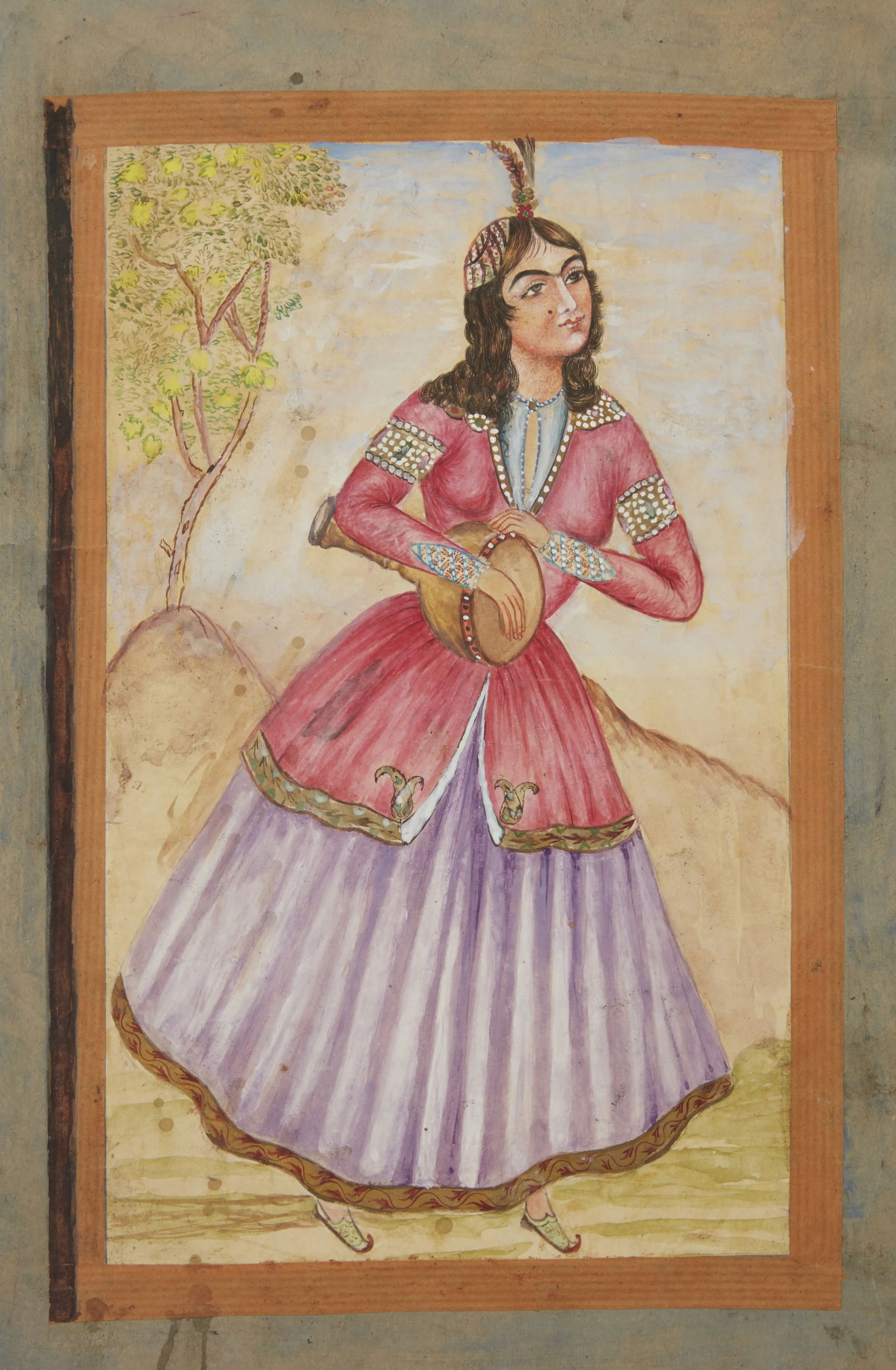 18 TH PERSAIN  QAJAR painting of a drumming lady, Qajar revival style, opaque and transparent (1 of 1)
