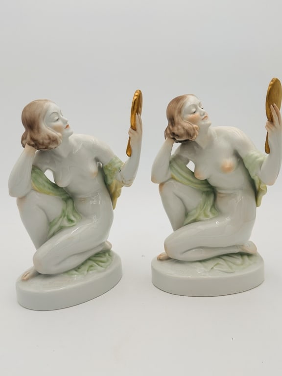 2 large herend porcelain size 23 high: 2 large herend porcelain 2 large herend porcelain size 23 high . HEREND Art Deco Nude Naked Mirror Hand Painted Lady Porcelain Figure Figurine For condition report please contact E-mail :(antiquesyork