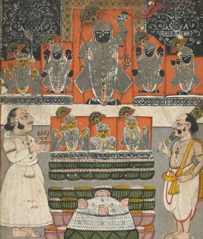 Temple to Srinathji during Govardhan Puja, painting on paper, India, Nathdwara, first half of the: 19 th india Temple to Srinathji during Govardhan Temple to Srinathji during Govardhan Puja, painting on paper, India, Nathdwara, first half of the 19th century, 17x14.5 cm Miniature. For condition rep