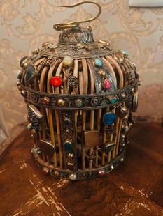 Antique GILDED JEWELED TWIST WIRE BIRD CAGE: This is an ornate Tibetan-style ritual crown or ceremonial headdress, richly adorned with semi-precious stones and metal filigree work, typically used in religious or monastic ceremonies.Description:O