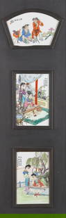 Chinese Hanging Wall Plaque: Chinese Hanging Wall Plaque Three framed porcelain wall plaques, each figural with glazed and enamel scenes, script to each. Encapsulated in wood frame with dark stain. Top plaque measures 4 ?" x 7 ?"