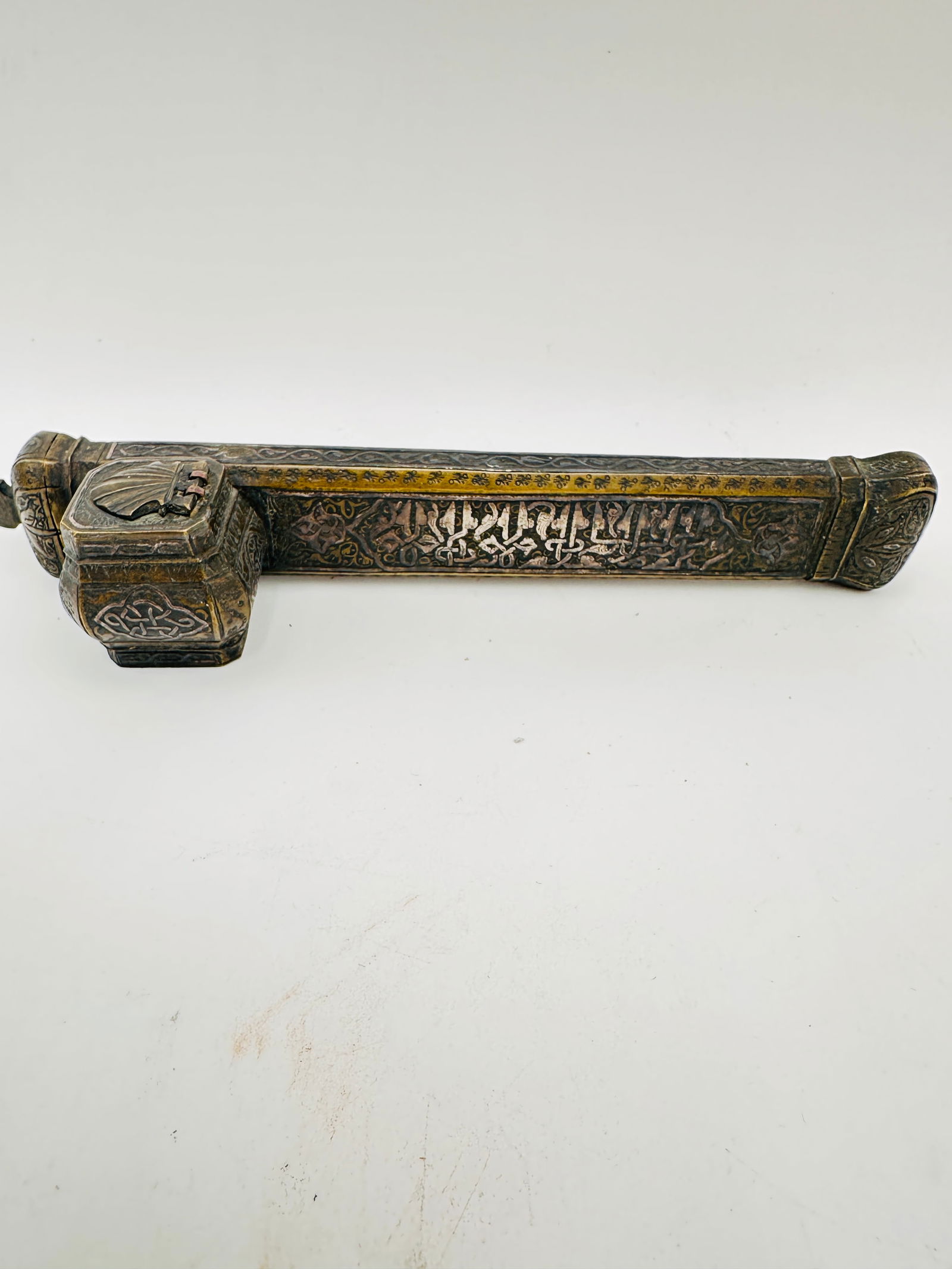 large 19th antique Islamic pen case, commonly referred Qalamdan silver inlaid (1 of 4)