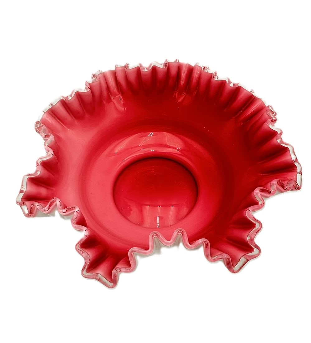 large Hand-Blown Pink and White Cased Glass Bowl w large A hand-blown cased glass bowl with a (1 of 6)