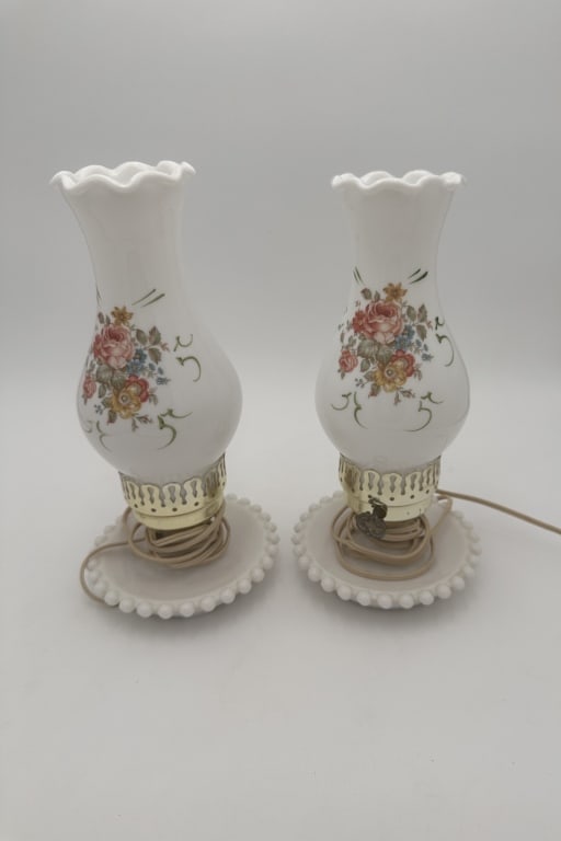 TWO Milk Glass Hurricane Lamp | Farmhouse Country Pair of Vintage Milk Glass Floral Table Lamps, (1 of 4)