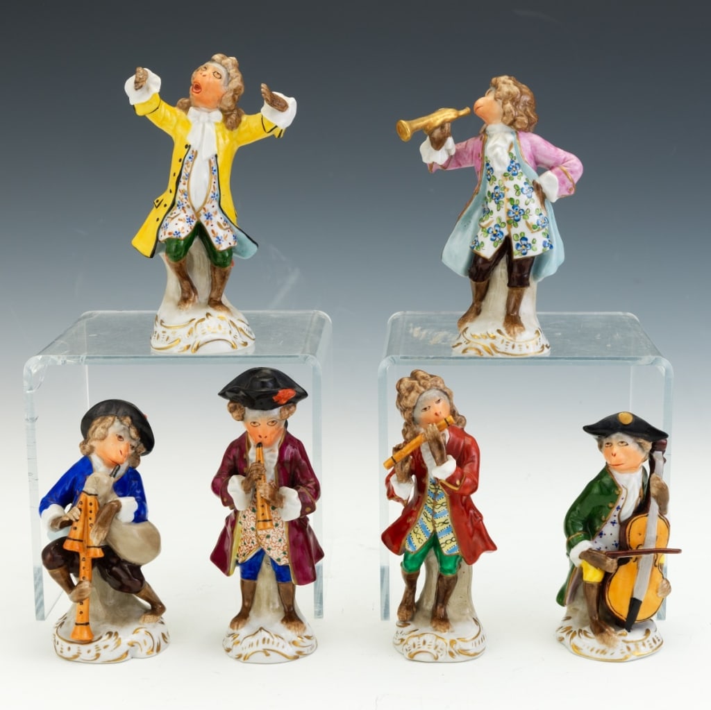 German Dresden Six Figures Porcelain Monkey Orchey Loverly crafted 3D porcelain figurines of monkey (1 of 7)