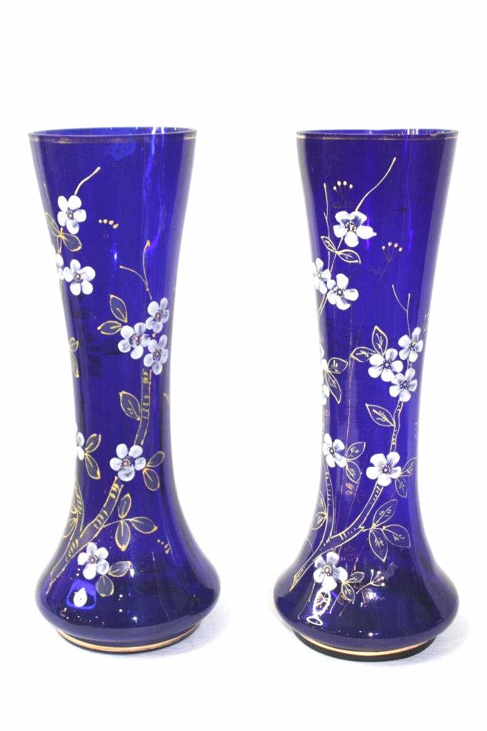 Vintage blue bohemian handpainted vases Pair of Bohemian Cobalt Blue Glass Vases with Enamel and (1 of 4)