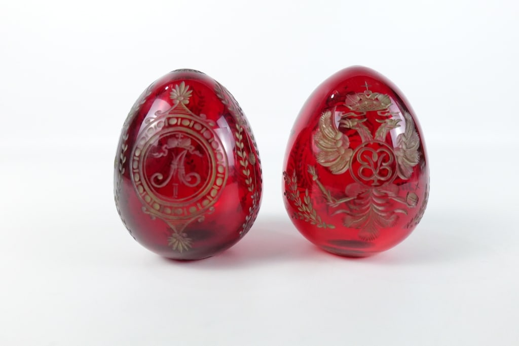 Pair Ruby Red Glass Egg in the Style of Faberg? Pair Ruby Red Glass Egg in the Style of Faberg? ? (1 of 7)