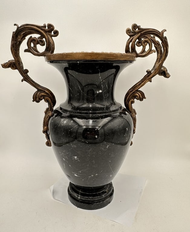 Large Black Marble and Gilt Bronze Urn, French orh Large Black Marble and Gilt Bronze Urn, French or: Large Black Marble and Gilt Bronze Urn, French or Italian, Late 19th?Early 20th CenturyA striking neoclassical-style urn crafted from solid black marble with white veining, mounted with elaborately ca
