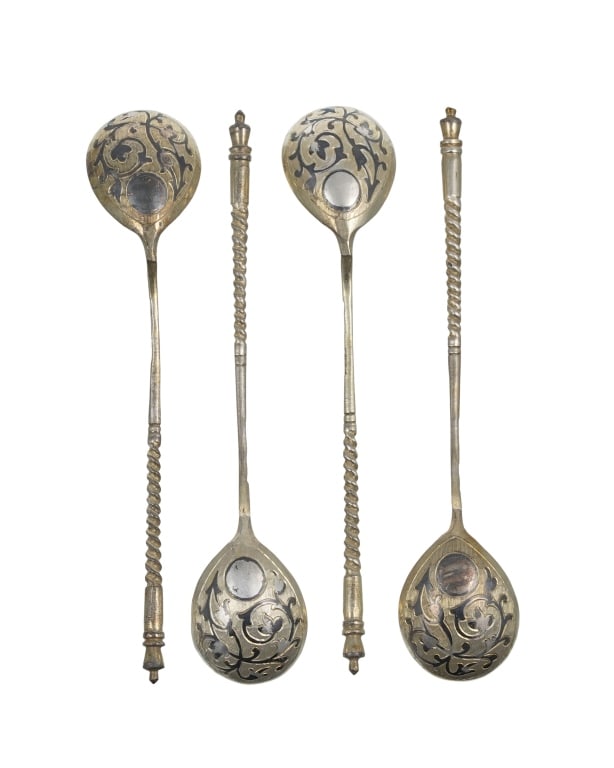 4 silver spoons, Russia 1875, with niello decoratg Set of 4 Russian Silver Niello Spoons ? 19th (1 of 1)