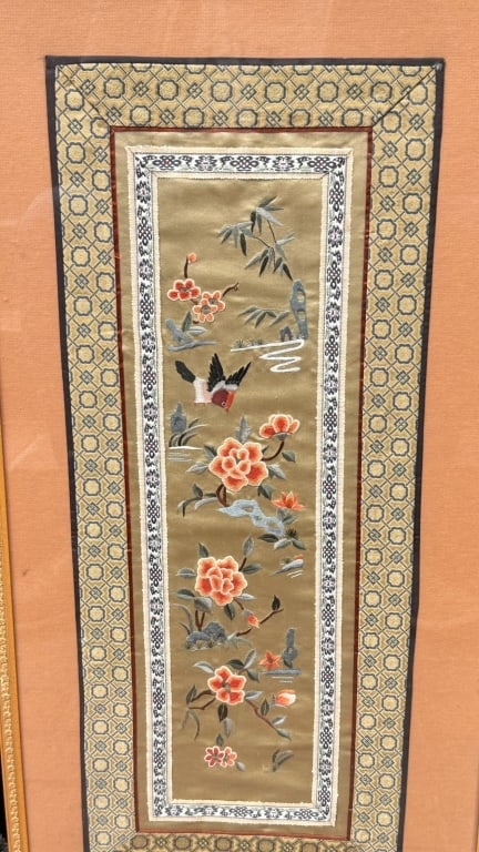 Antique Chinese Silk Embroidery Panel, Late 19th Antique Chinese Silk Embroidery Panel, Late: Antique Chinese Silk Embroidery Panel, Late 19th?Early 20th CenturyA finely embroidered Chinese silk panel depicting flowering branches with peonies, chrysanthemums, and butterflies, rendered in soft