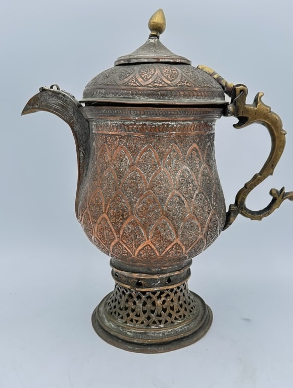 Antique Indo-Persian Copper and Brass Samovar, 19h Antique Indo-Persian Copper and Brass Samovar,: Antique Indo-Persian Copper and Brass Samovar, 19th?Early 20th CenturyA finely hand-chased copper and brass samovar featuring a bulbous body engraved with repeating foliate motifs and trellis