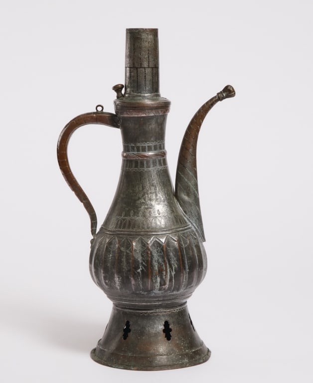 Ottoman Tinned Copper Ewer (Ibrik), 19th Century An elegant Ottoman tinned copper ewer, featuring a (1 of 1)