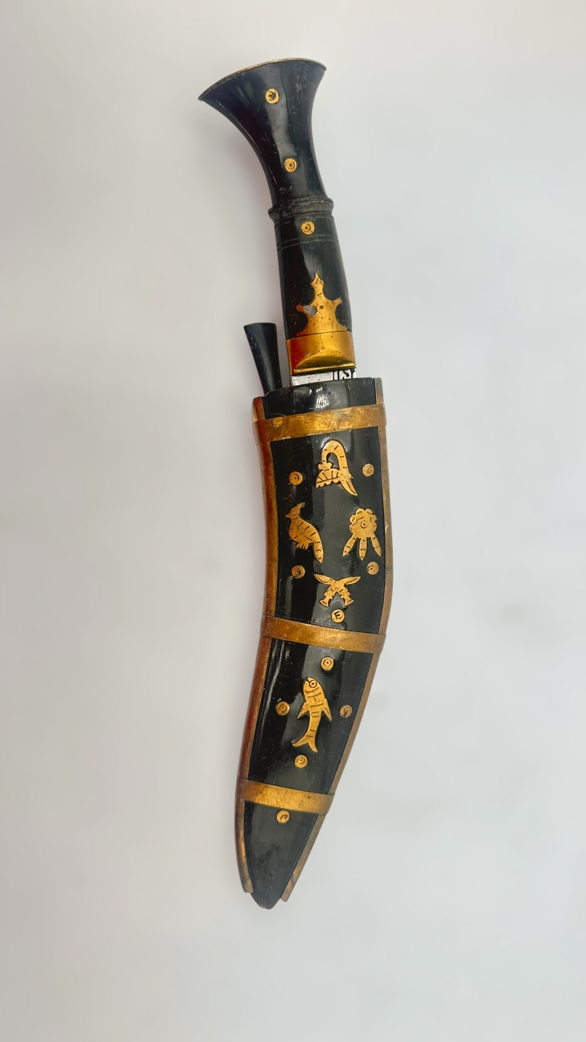 Decorative Nepalese Kukri with Gilt-Decorated Shes A traditional Nepalese kukri knife, housed in its (1 of 4)