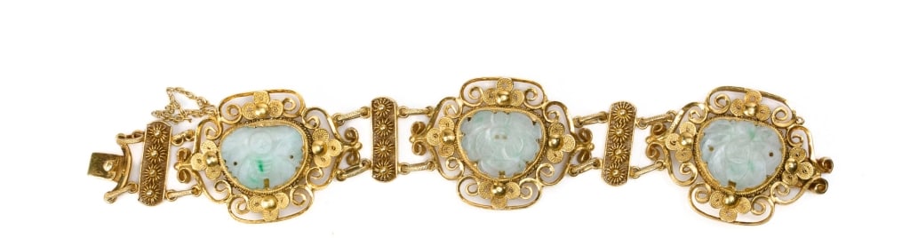 Silver-Gilt Bracelet Set with Carved Jade Plaques 20th CenturyAn elegant silver-gilt articulated (1 of 1)