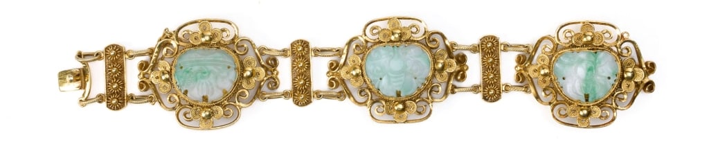 Silver-Gilt Bracelet Set with Carved Jade Plaques 20th CenturyAn elegant silver-gilt articulated (1 of 1)
