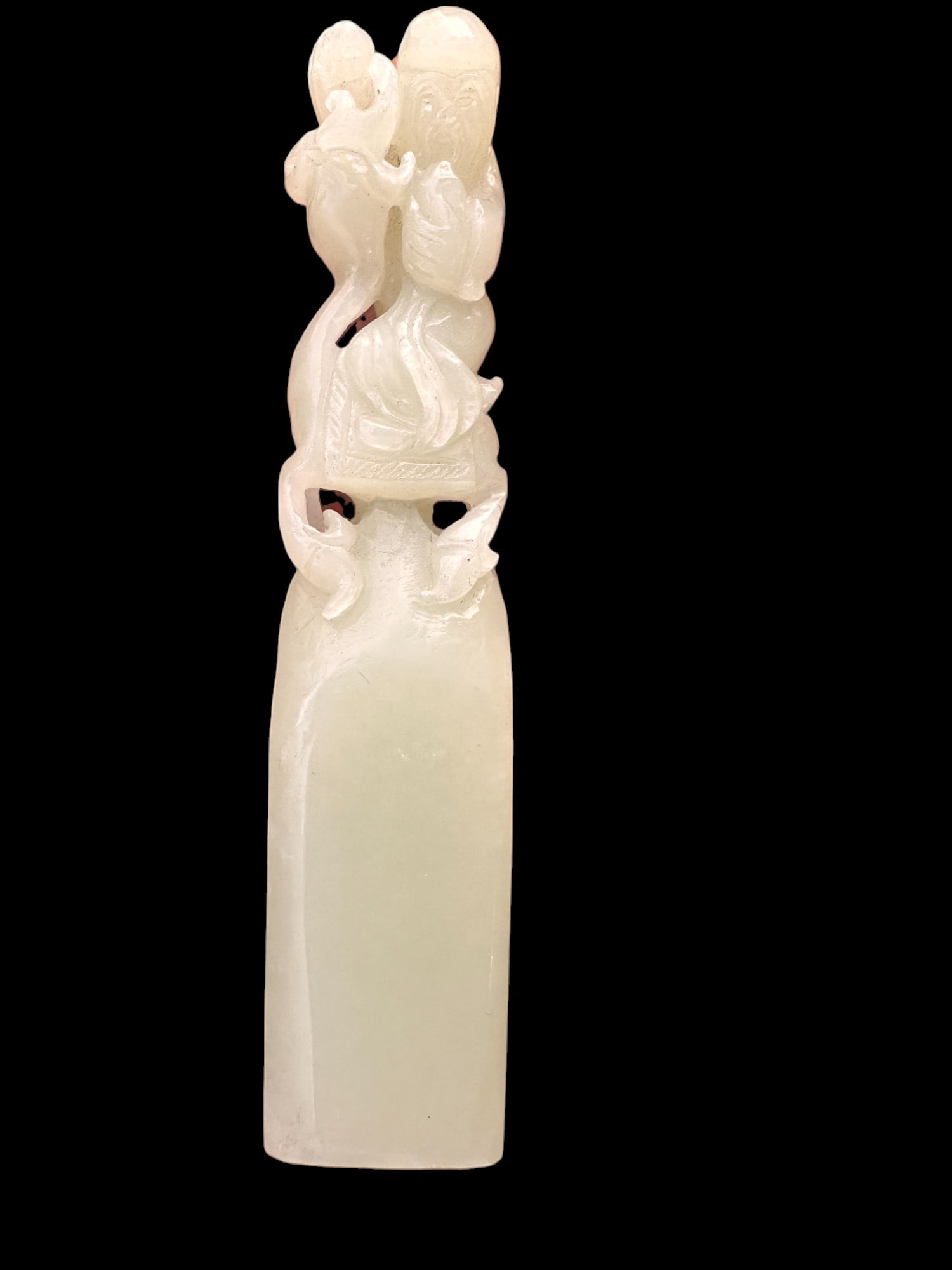 jade chinese hand carved Chinese Carved Jade Seal with Immortal FigureAn elegant jade seal,: Chinese Carved Jade Seal with Immortal FigureAn elegant jade seal, featuring a finely carved figure of a sage or immortal atop a rectangular base. Likely used as a personal or decorative name seal (ch