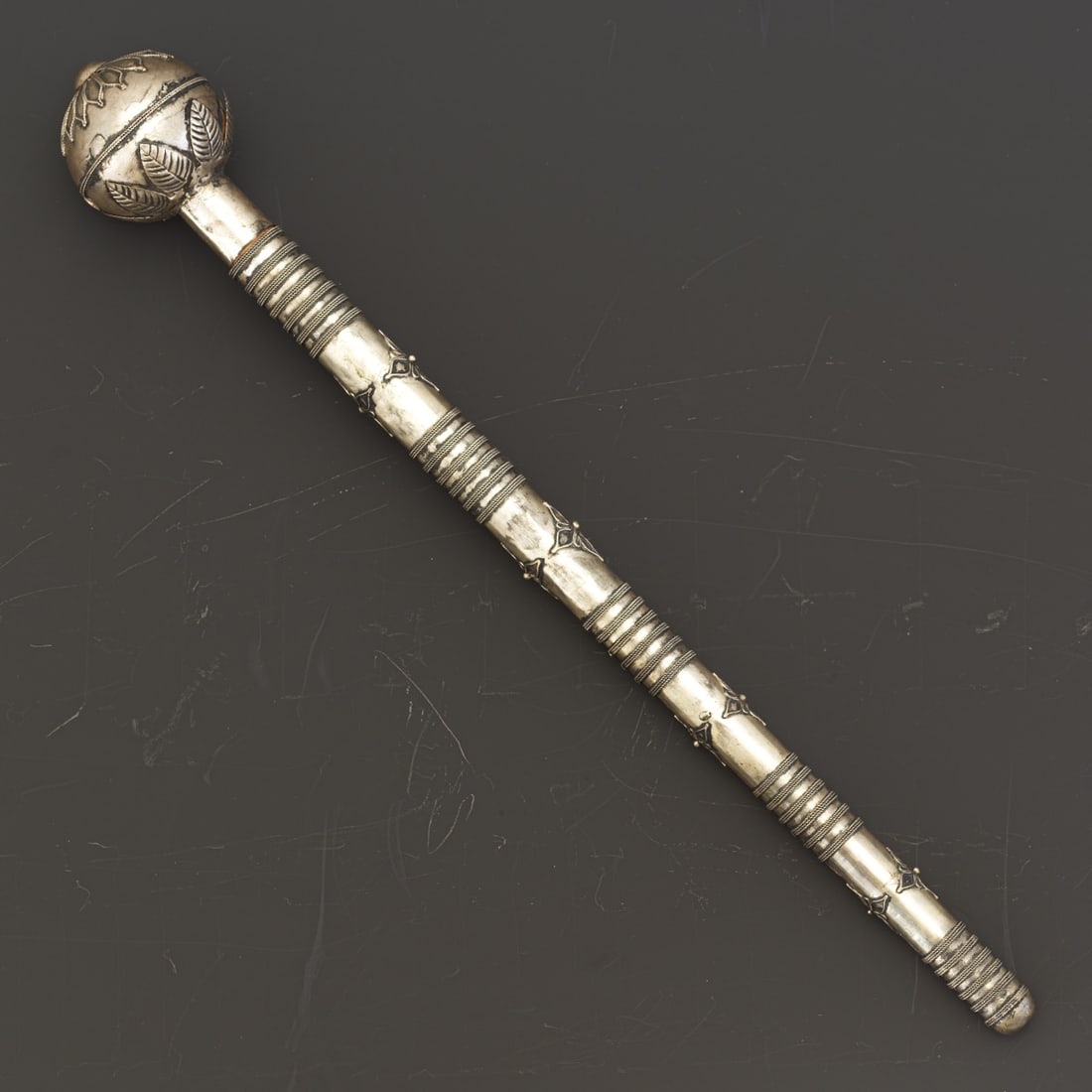 South-East Asia Thai Silver Cold Metal and Wood Ce Three-parts opium pipe, carved wood with silver (1 of 5)