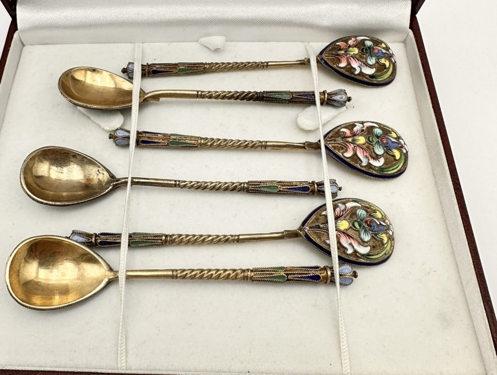 Set of Six Silver-Gilt Enamel Spoons polychrome enamel floral motifs in the Russian taste. The bowls (1 of 4)