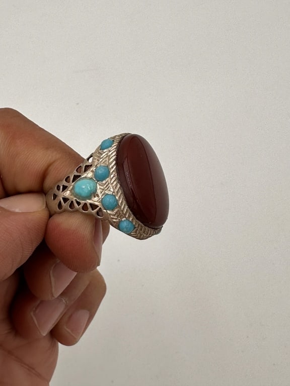 SILVER MAN RING WITH TURQUISE AND AGATE SILVER MAN RING WITH TURQUISE AND AGATE . For condition (1 of 3)