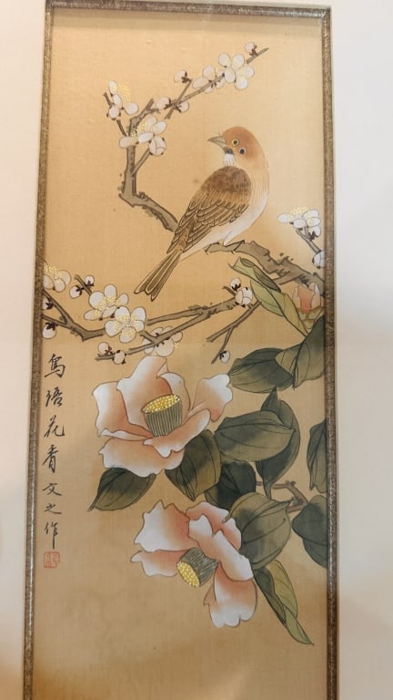 chinese painted on paper or silk with signture East Asian Bird and Flower Painting on Silk A: East Asian Bird and Flower Painting on Silk A refined traditional East Asian painting depicting a songbird perched amid blossoming plum branches and camellia flowers. Finely rendered in ink and waterc