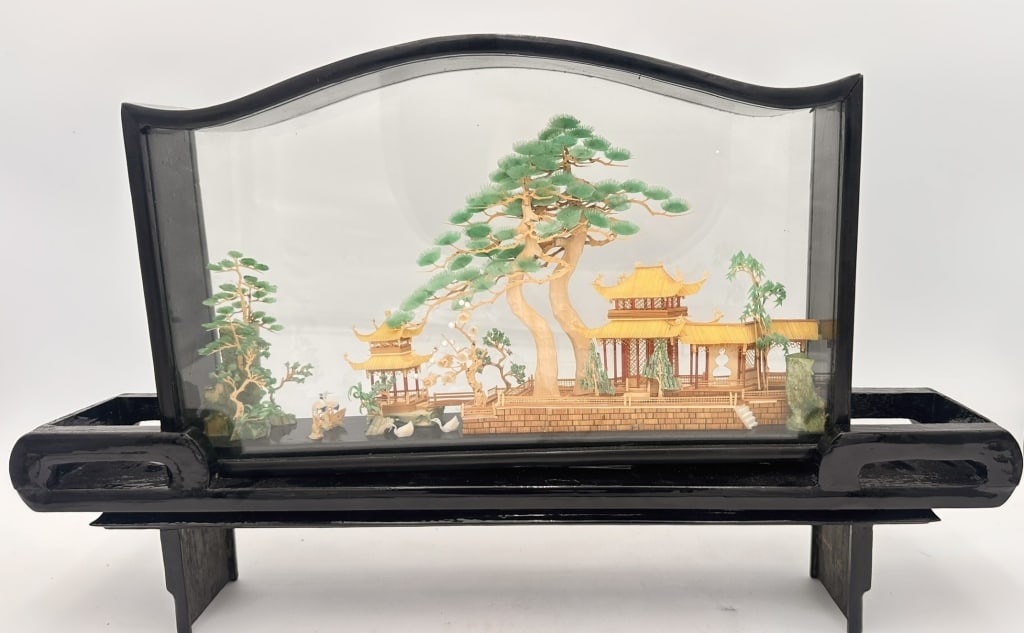 Chinese Carved Cork Diorama in Glass Case, Mid-20y Chinese Carved Cork Diorama in Glass Case, (1 of 5)
