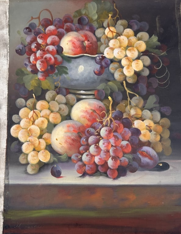 Continental School, Still Life with Peaches and Gs Continental School, Still Life with Peaches and: Continental School, Still Life with Peaches and Grapes Oil on Canvas A vibrant and finely detailed still life
