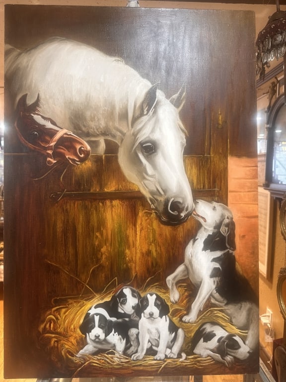 Oil on canvas, signed and titled on the reverse Oil on canvas, signed and titled on the reverse A: Oil on canvas, signed and titled on the reverse A heartwarming rural composition that captures the universal themes of family, care, and companionship. Pawlenko depicts a serene stable scene where a w