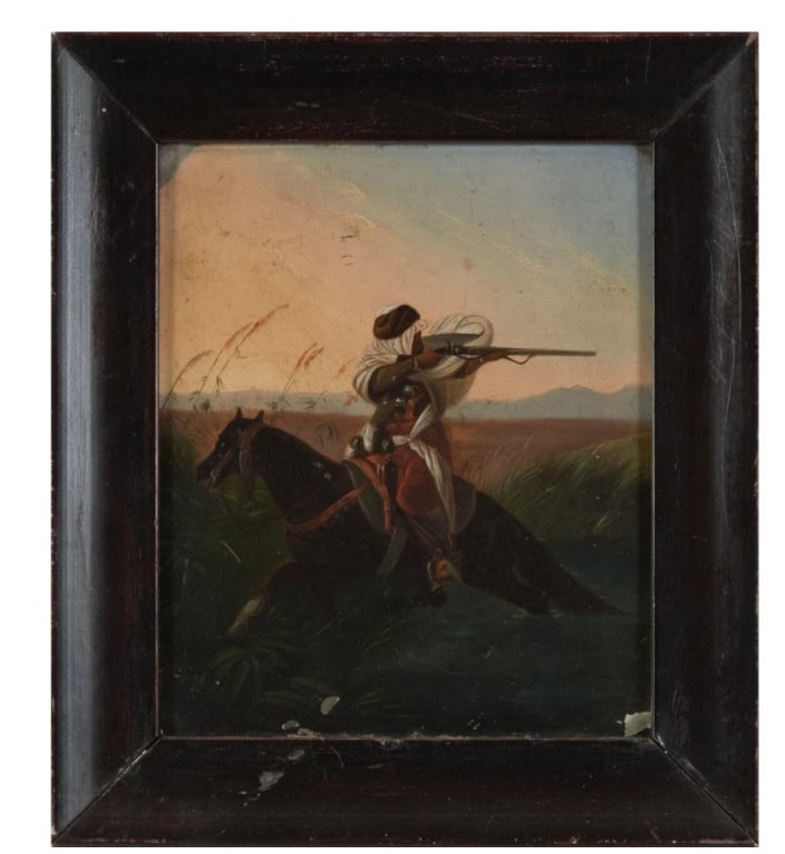 Orientalist School Oil Painting of an Arab Horsemn 19th CenturyAn evocative 19th-century Orientalist: 19th CenturyAn evocative 19th-century Orientalist school oil painting, depicting an Arab horseman mounted on a galloping horse, aiming a long firearm across an open landscape. The rider is shown weari